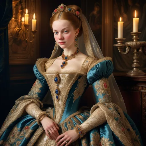 Prompt: Elegant 16th century noble woman, intricate gown adorned with rich brocade and lace, opulent jewelry glinting subtly, soft candlelight illuminating her serene expression, grand and lavish castle interiors as backdrop, detailed embroidery in vibrant hues, creating a regal and historical atmosphere, high-quality, ultra-detailed portrait.