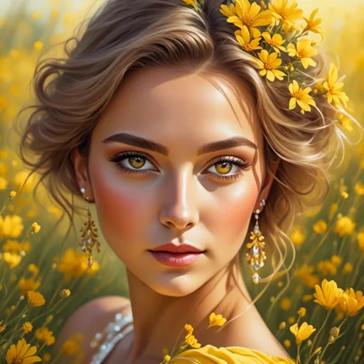 Prompt: <mymodel>High-resolution digital painting of a graceful woman, vibrant yellow flower field, realistic and detailed floral elements, soft and warm sunlight, flowing elegant dress, detailed facial features with a gentle expression, professional digital painting, realistic, detailed flowers, graceful posture, warm and soft lighting, best quality, highres, ultra-detailed, digital painting, realistic, warm tones, elegant