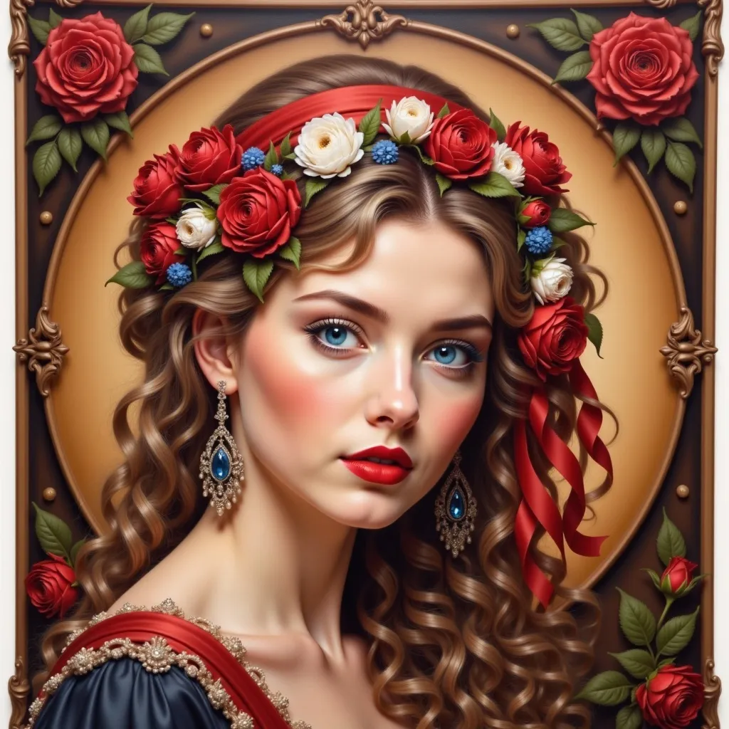 Prompt: a painting of a woman with a red headband and a red scarf around her neck and a red rose in her hair, Elina Karimova, figurative art, highly detailed digital painting, a detailed painting