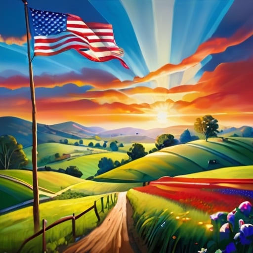 Prompt: Beautiful colorful  painting. Beautiful sunrise in a rural area, with American flags, and rolling hills.