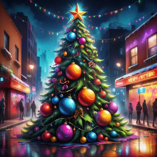 Prompt: Graffiti-style Christmas tree with vibrant tones, high quality, detailed ornaments, urban setting, festive atmosphere, spray-painted art, dynamic composition, vibrant colors, street art, energetic lighting, best quality, highres, ultra-detailed, graffiti style, vibrant tones, festive atmosphere, detailed ornaments, urban setting