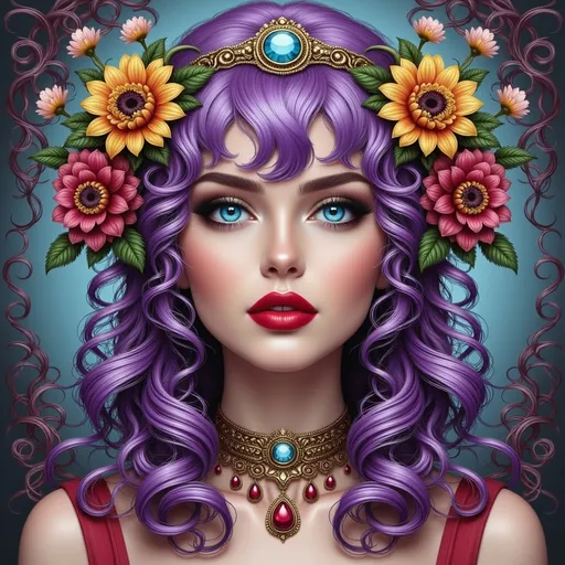 Prompt: a woman with purple hair and flowers on her head, wearing a necklace and a necklace with flowers on her head, Anna Dittmann, psychedelic art, highly detailed digital painting, a digital painting