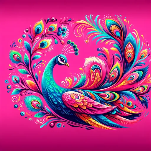 Prompt: a colorful peacock with feathers on a pink background ,Craola, folk art, highly detailed digital painting, an airbrush painting