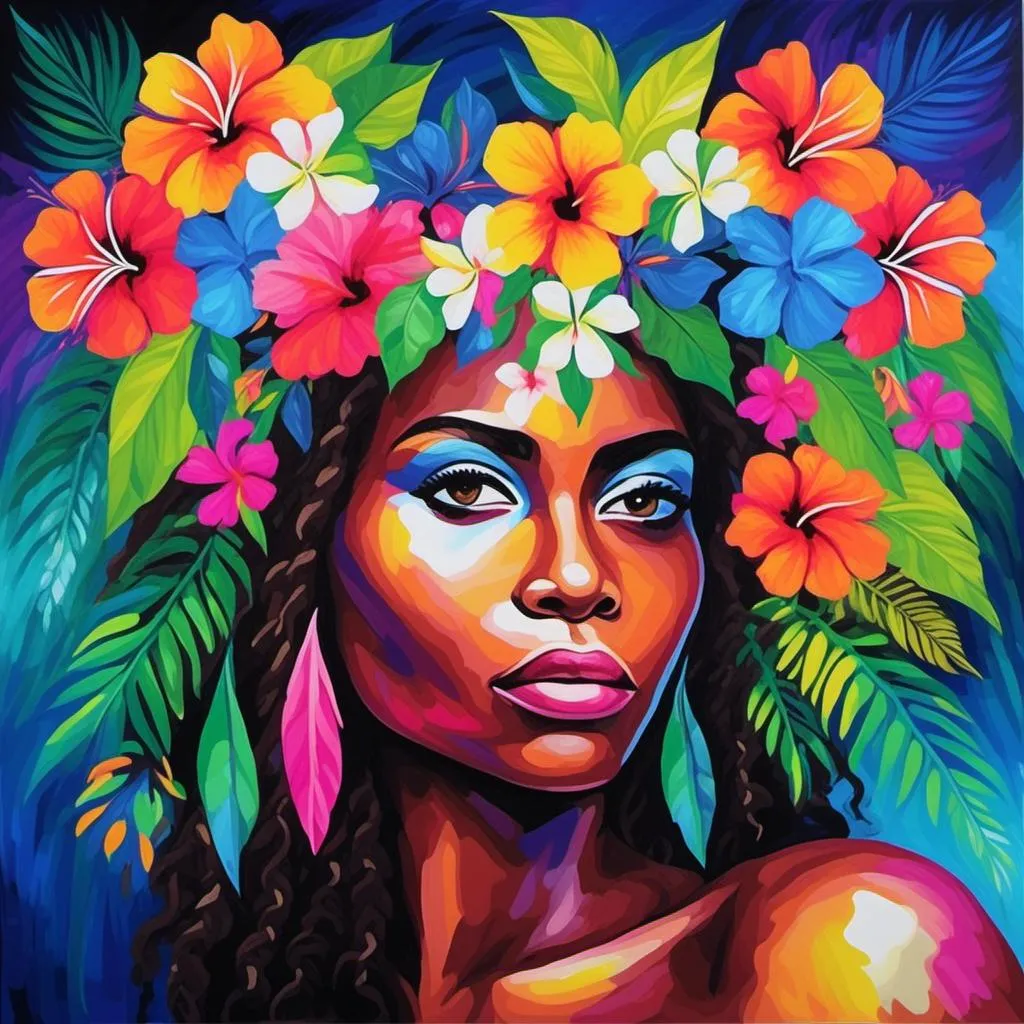 Prompt: <mymodel> Painting of the portrait of a pretty Melanesian woman,  dark brown eyes, wearing cocontractant leaves crown and hibiscus flowers on her left ear. She has long thick afro hair, a black skin and she is surrounded by tropical nature and flowers.