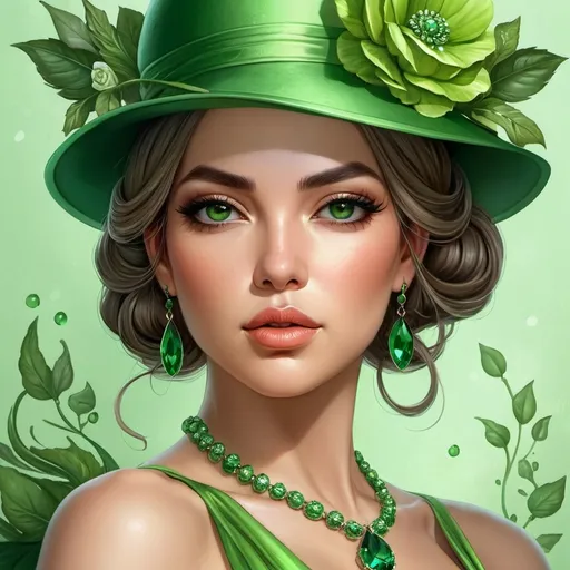 Prompt: a woman wearing a green hat and green jewelry with a flower on her head and a green dress and necklace, Artgerm, fantasy art, highly detailed digital painting, a detailed painting