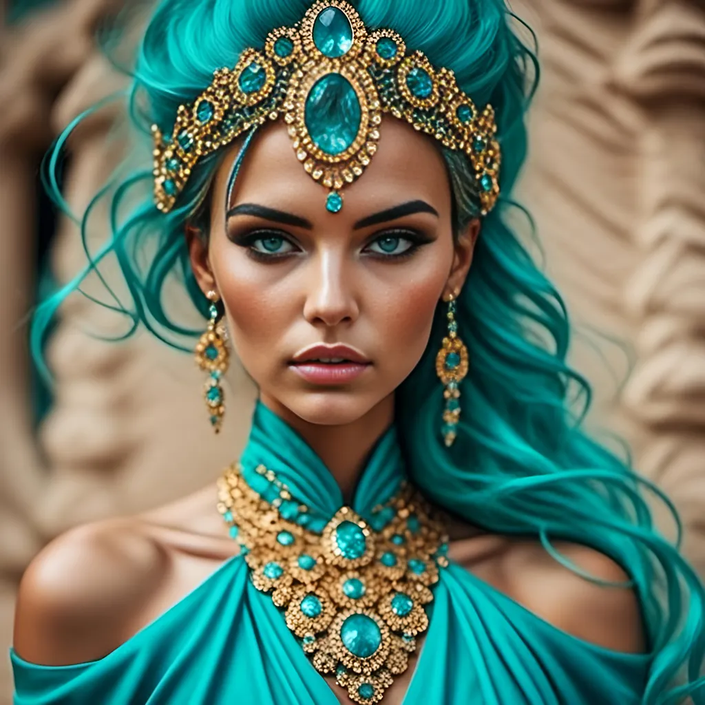 Prompt: <mymodel>An extremely gorgeous woman,  with turquoise jewels, in color scheme of turquoise and gold