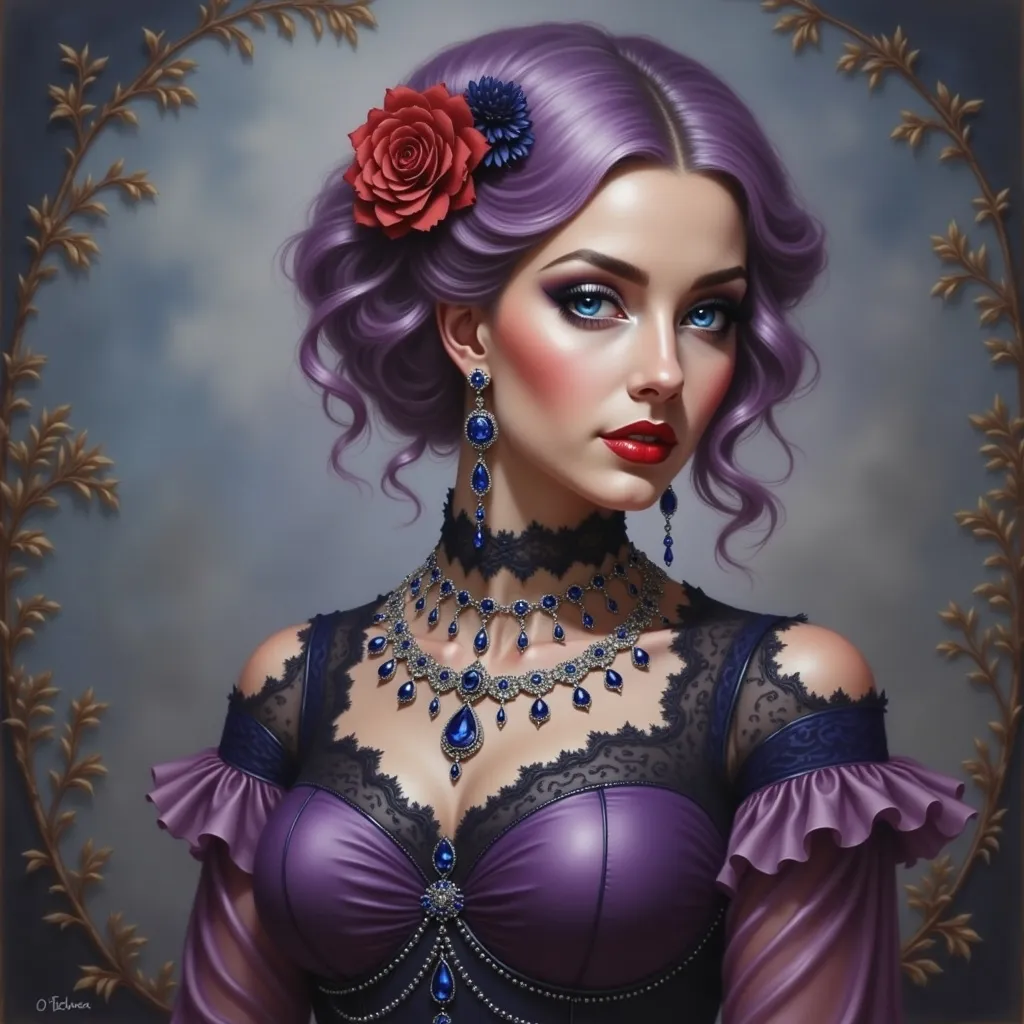 Prompt: a painting of a woman with purple hair and a red flower in her hair, wearing a purple dress, Art of Brom, gothic art, highly detailed oil painting, an ultrafine detailed painting