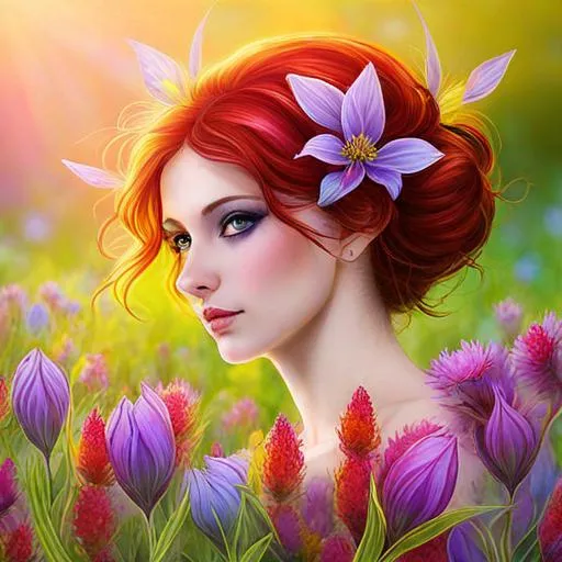 Prompt: a fairy of spring, ,wildflowers, vivid colors,  facial closeup