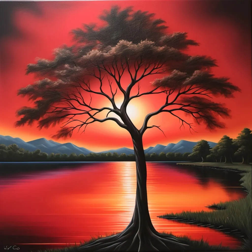 Prompt: a painting of a sunset with a tree in the middle of it and a lake in the background with a red sky, Chinwe Chukwuogo-Roy, lyco art, airbrush on canvas, an airbrush painting