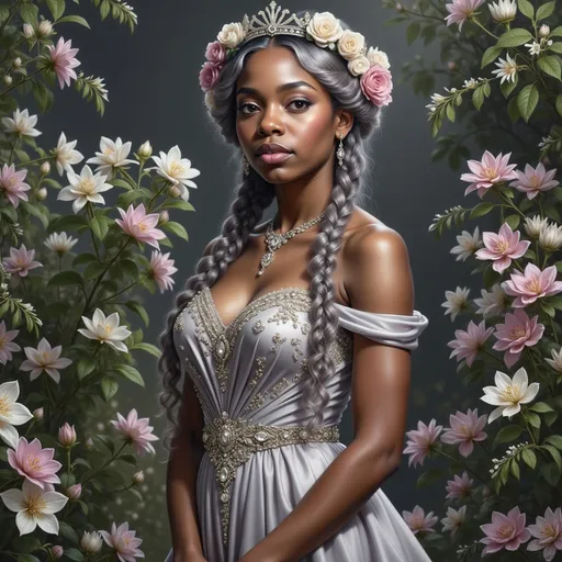 Prompt: Bathed in a soft, ethereal glow, a young woman stands gracefully amidst a lush garden, where delicate flowers bloom in shades of white and pink around her. She possesses a serene expression, adorned with intricate braided hair embellished with floral accents, which enhances her enchanting presence. Draped in a flowing, elegantly designed gray gown with subtle golden details, she exudes an air of timeless beauty and mystery. The verdant foliage and gentle hints of water in the background create a tranquil ambiance, evoking a sense of harmony and connection with nature. The overall scene conveys a narrative of elegance and grace, inviting viewers into a dreamlike world.