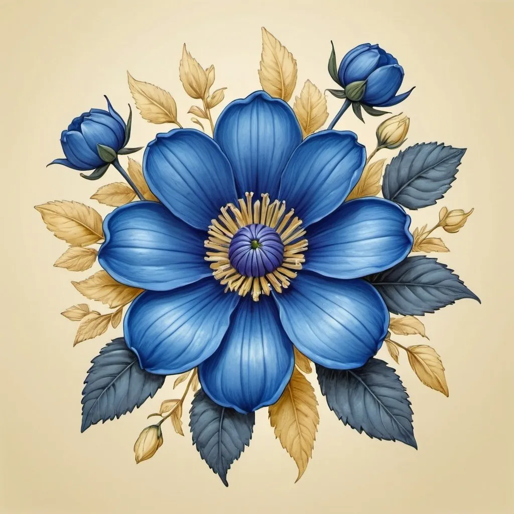 Prompt: Large beautiful blue flower, hyperrealistic, facing front with smaller flowers surrounding, 2d, clipart. illustration done in pen, on a creamy yellow background