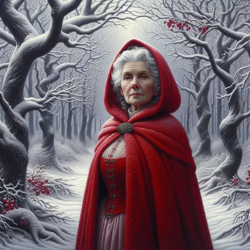 Prompt: a painting of a woman with white hair and a red cloak in a snowy forest with trees and branches, Artgerm, fantasy art, extremely detailed oil painting, a hyperrealistic painting