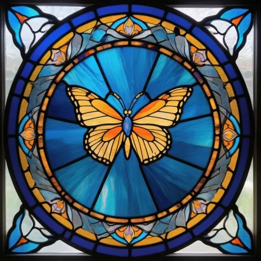 Prompt: simple mandala with bluestained glass window of a butterfly