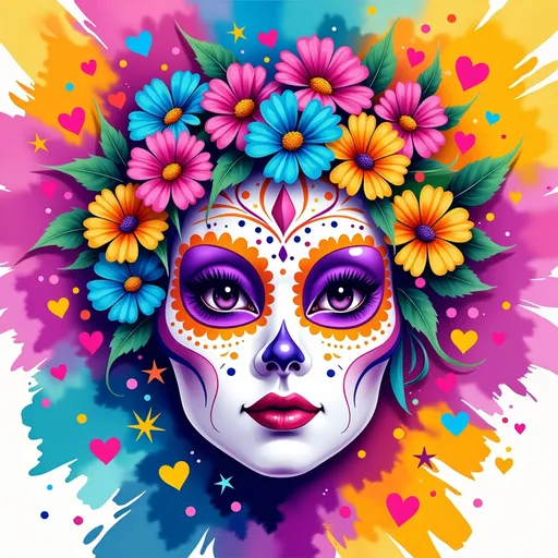 Prompt: This is a vibrant digital illustration of a white, stylized mask with large, expressive purple eyes and purple lipstick. The mask features intricate, colorful designs in yellow, orange, and pink around the eyes and cheeks, resembling traditional Day of the Dead sugar skull patterns. A vivid floral crown made of bright pink, yellow, and blue flowers with green leaves adorns the mask. The background is a dynamic burst of colors, including pink, yellow, and blue, with splashes and streaks that radiate outward from the center. Small, multicolored hearts and stars are scattered throughout the background, adding to the festive, lively atmosphere. The mask's smooth texture contrasts with the textured, painterly background. The overall style is highly saturated and whimsical, evoking a sense of celebration and festivity. The illustration is rich in color and detail, with a focus on contrast and vibrant hues.