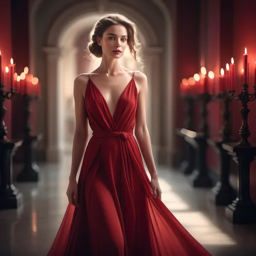 Prompt: elegant woman, wearing a flowing red gown, exuding sophistication and grace, soft ambient lighting highlighting her features, minimalist background with a gentle blur, romantic atmosphere, rich crimson tones contrasting with soft shadows, an aura of enchantment and allure, high quality, ultra-detailed, cinematic masterpiece