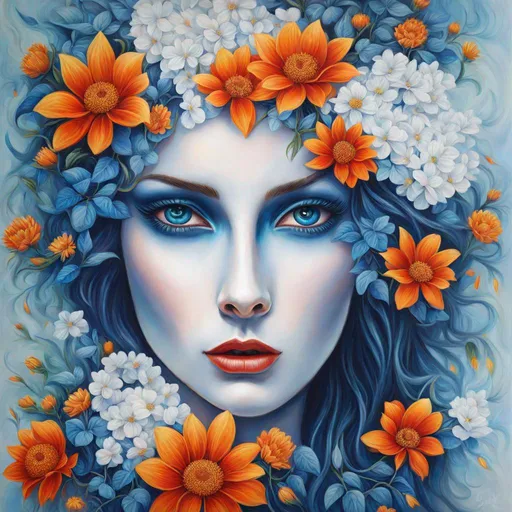 Prompt: Blue stone woman covered with flowers, fiery eyes, oil painting, fantasy, vibrant colors, surreal, high quality, detailed, mystical lighting, floral details, intense gaze, ethereal beauty, oil painting, fantasy, vibrant colors, surreal, detailed eyes, mystical lighting, fiery eyes, floral details