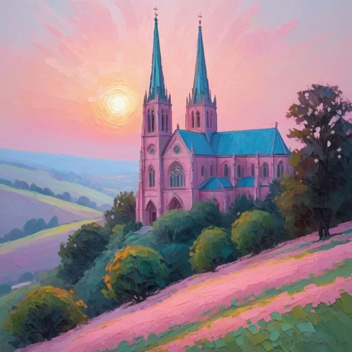 Prompt: Cathedral on a hillside, sunrise, pinkish   Impasto, Impressionist
  