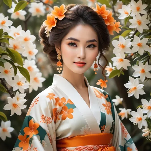 Prompt: Radiating elegance, a young woman stands gracefully, framed by a lush array of white and orange blossoms that twist around her. Her cascading, voluminous curls are adorned with orange flowers, enhancing her striking features, which are accentuated by warm, expressive makeup. She wears a beautifully patterned kimono that echoes the floral motifs surrounding her, blending harmoniously with the serene background. The soft, diffused lighting creates an enchanting atmosphere, evoking a sense of tranquility and beauty. The entire scene reflects a rich narrative of grace, nature, and traditional aesthetics, inviting viewers to appreciate the artistry of both the subject and her environment.