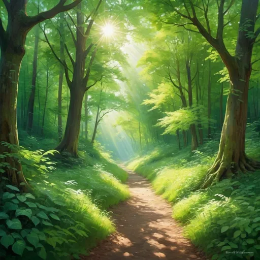 Prompt: (verdant landscape), lush greenery, vibrant shades of green, sunlight streaming through leaves, a serene atmosphere, deep refreshing colors, enchanting forest scene, gentle breeze, nature's tranquility, ultra-detailed, high quality, inviting and peaceful ambiance