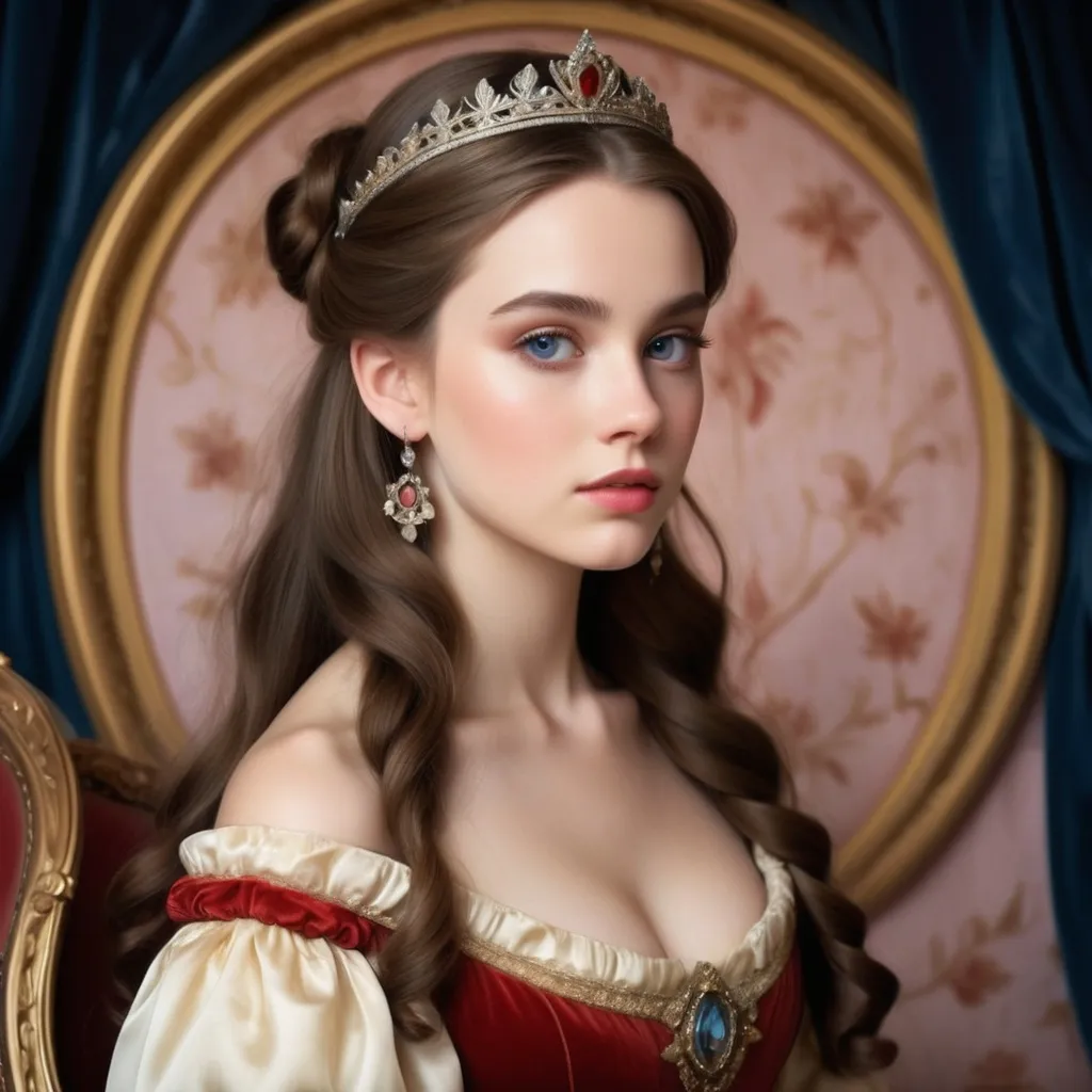 Prompt: portrays beautiful women as historical princesses in sumptuous costumes and settings.