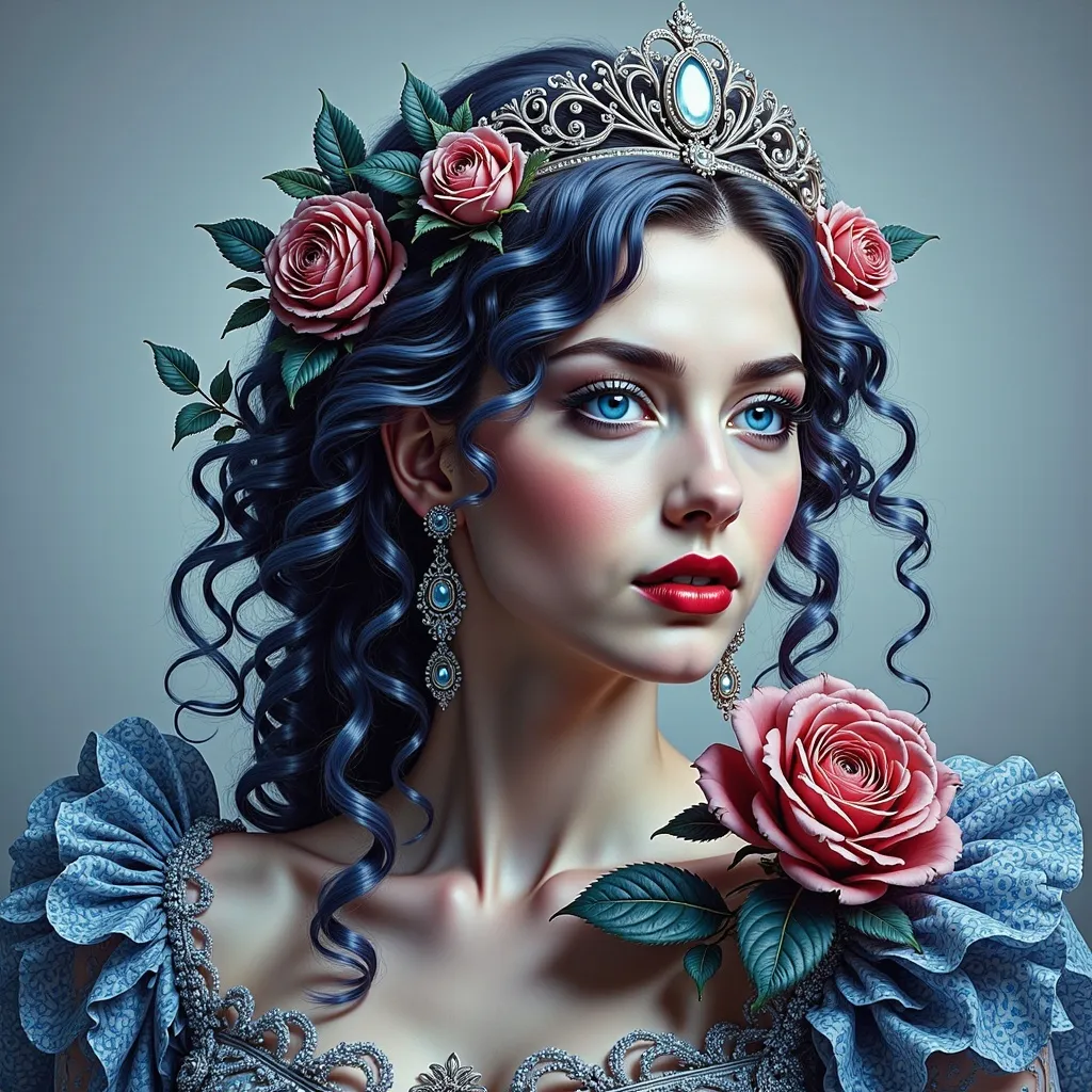 Prompt: a woman with long hair and a tiara with roses on her head and a blue dress with a rose on her shoulder, Anna Dittmann, fantasy art, highly detailed digital painting, a photorealistic painting