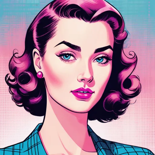 Prompt: This image is a digital illustration in a comic book style, featuring a close-up portrait of a woman with a vintage, 1950s aesthetic. The background is a vibrant pink with a textured, grid-like pattern that adds depth and contrast. The woman has fair skin with a slight blush on her cheeks, and her large, blue eyes are accentuated with bold, blue eyeliner that extends into a winged shape. She has well-defined eyebrows and is wearing bright pink lipstick that matches her wavy, shoulder-length hair, which is styled with soft curls and highlighted with white streaks. She is dressed in a pink blazer with a deep V-neck, which complements her pink hair and lipstick. The illustration uses thick, black outlines and a limited color palette, emphasizing the retro, comic book style. The woman's expression is confident and slightly smiling, with a subtle, knowing look in her eyes. The overall composition and color scheme create a nostalgic, vintage feel, reminiscent of mid-20th century pop art and comic book illustrations.