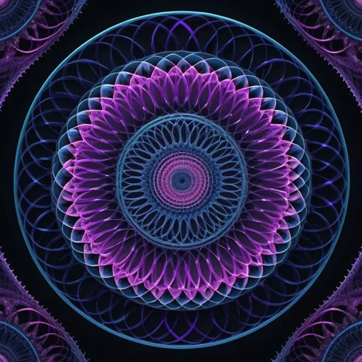 Prompt: (Spirograph art), highly detailed, intricate patterns, vibrant colors, deep blues and purples, radial symmetry, mesmerizing geometric shapes, gradient hues, elegant and complex designs, swirling motions, mathematical precision, dynamic composition, ethereal glow, calming effect, abstract beauty, captivating depth, immersive experience, fractal elements, ultra-detailed, high resolution, HD, masterful execution, artstation trending, award-worthy creation