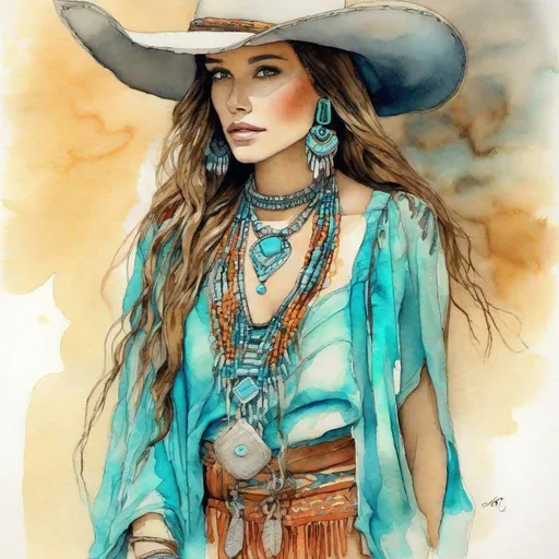 Prompt: <mymodel>Watercolor and pen sketch of a young woman in southwestern style, turquoise jewelry, flowing attire, intricate details, vibrant colors, high quality, southwest art, watercolor, pen sketch, detailed jewelry, flowing attire, vibrant colors, beautiful woman, high quality imagery, professional, atmospheric lighting