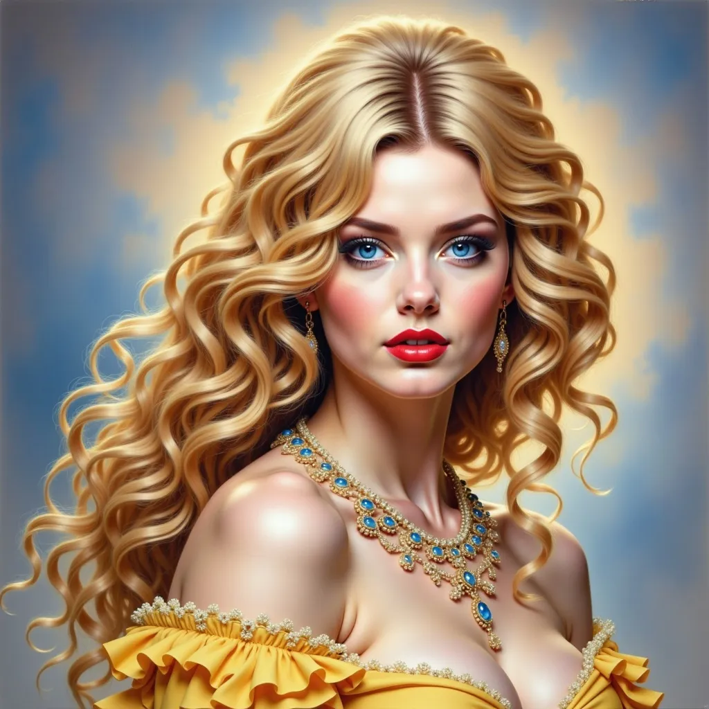 Prompt: a painting of a woman with long blonde hair wearing a yellow dress and necklace with a blue sky in the background, Edwin Georgi, photorealism, highly detailed digital painting, a photorealistic painting