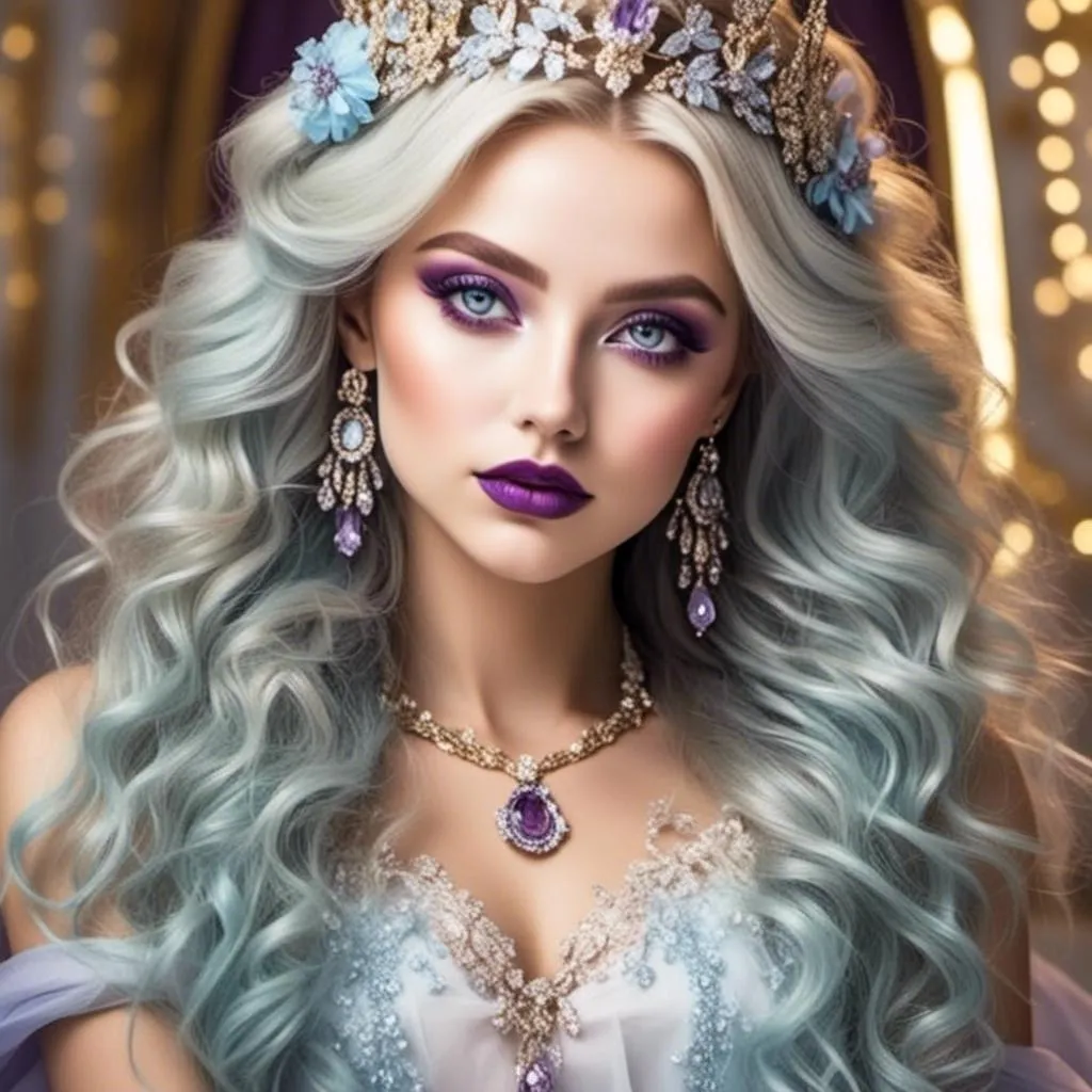 Prompt: <mymodel>Beautiful ethereal woman, long blonde hair,and icy blue eyes color, purple lipstick, facial closeup