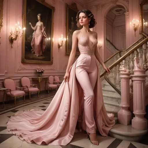 Prompt: Bathed in soft, romantic lighting, the scene unfolds within an opulent interior characterized by pastel pink walls adorned with elegant portraits of women dressed in flowing gowns. A stunning young woman stands gracefully on a grand staircase, her attire—a pink pants suit, blending sophistication with modernity. The setting features ornate chandeliers casting a warm glow and an exquisite, tufted sofa nearby, enhancing the atmosphere of refinement. The careful composition highlights the curves and lines of both the staircase and the gown, while the gentle expression of the woman conveys a sense of poise and femininity, inviting viewers into a world of elegance and charm.