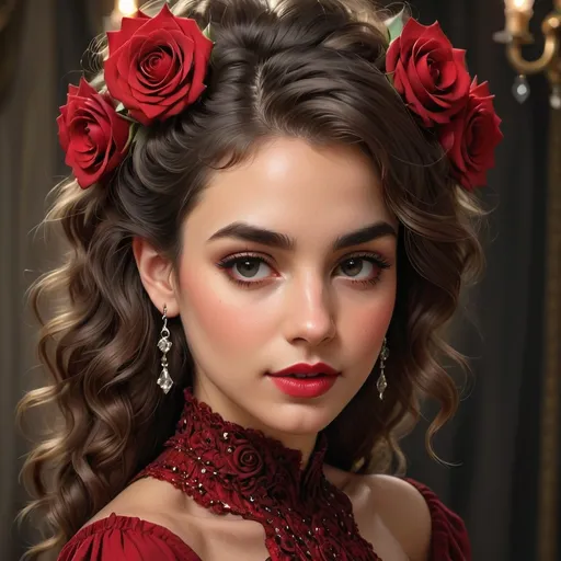 Prompt: In an elegantly styled scene, a striking young woman gazes into the camera with an expression that balances poise and allure. Her voluminous, dark hair showcases cascading curls, adorned with a vivid red rose positioned gracefully on one side, while shimmering, chandelier earrings catch the light, adding to her ethereal presence. Dressed in a sleek, black off-the-shoulder gown that beautifully accentuates her neckline, her deep red lips and flawless complexion contribute to a classic yet sophisticated aura. The soft, warm lighting from wall sconces in the blurred background creates a romantic atmosphere, enhancing the sense of intimate elegance and timeless beauty captured in this portrait.