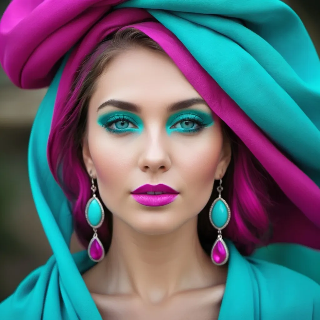 Prompt: A beautiful woman in colors of turquoise and magenta