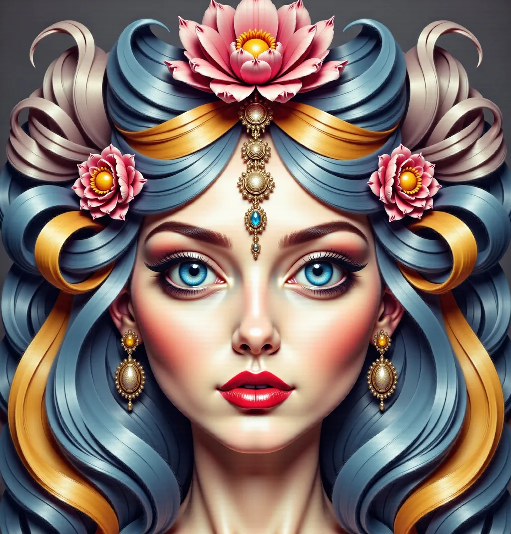 Prompt: a woman with blue eyes and a flower in her hair. Android Jones, psychedelic art, highly detailed digital painting, a digital painting