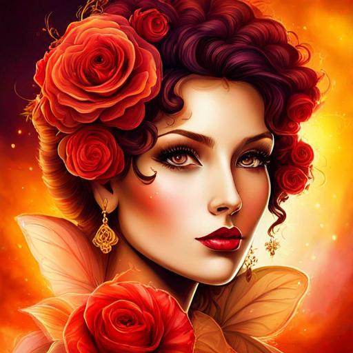 Prompt: fairy goddess, warm colors, fiery  red roses,
background, closeup