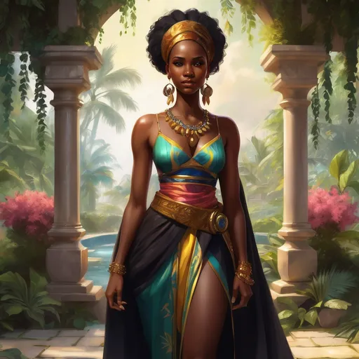 Prompt: Full body, Fantasy illustration of a black female noble woman, 21 years old, beautiful, black skin, elegant hairstyle, colorfull and elegant african-style garment, delicate jewellery, shamefull expression, high quality, rpg-fantasy, detailed, in a tropical garden