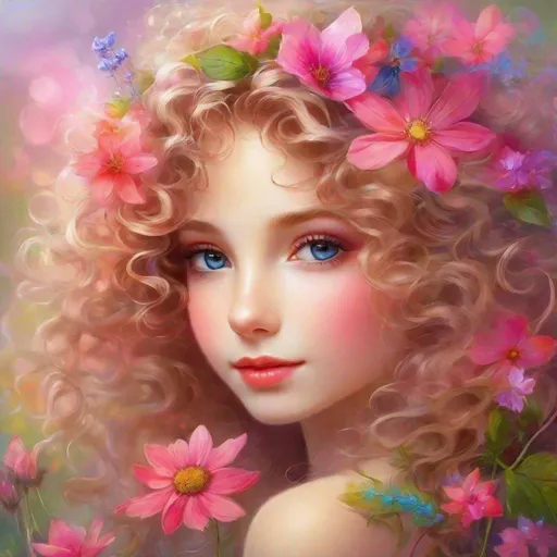 Prompt: a young fairy of spring, very curly hair, pink glow on cheeks,wildflowers, vivid colors, closeup