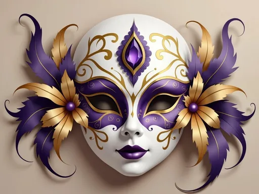 Prompt: This image is a digital illustration of an ornate masquerade mask set against a neutral beige background. The mask is predominantly white with intricate gold and purple embellishments. The upper part of the mask features a central, teardrop-shaped purple gemstone surrounded by an elaborate gold floral pattern. Two large, purple flowers with gold centers adorn the sides of the mask, flanked by elongated, gold and purple feathers that extend outward. The eye areas of the mask are filled with swirling gold patterns, while the nose bridge and lower sections are adorned with purple accents. The mask's lips are painted a rich, deep purple, matching the flowers and gemstone. The texture of the mask appears smooth and glossy, with the gold elements adding a metallic sheen. The feathers and flowers have a slightly three-dimensional appearance, giving the mask a luxurious and elaborate feel. The overall style is reminiscent of Renaissance or Venetian masquerade designs, with a modern digital twist. The image is highly detailed, with careful attention to the contrast between the white mask and the vibrant purple and gold elements, creating a visually striking and elegant piece.