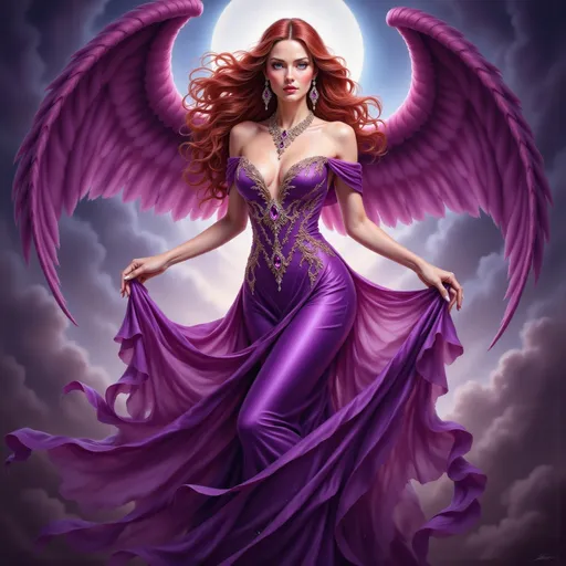 Prompt: A winged woman with raven black hair and purple eyes, adorned with amethyst jewels, wearing a flowing purple gown standing in an ethereal nebula background, full body, highres, detailed, fantasy, vibrant colors, flowing and ethereal clothes, radiant lighting, majestic, surreal, paradise setting, 