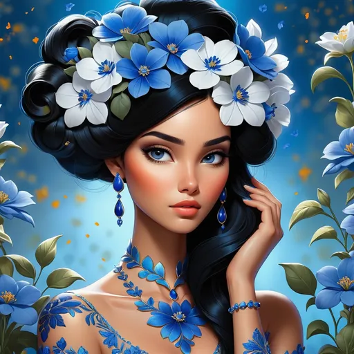 Prompt: Detailed digital illustration of a woman with black hair adorned with vibrant blue flowers, high quality, digital painting, elegant, realistic, detailed hair, stunning floral hair ornament, serene expression, natural lighting, cool tones, professional, atmospheric lighting