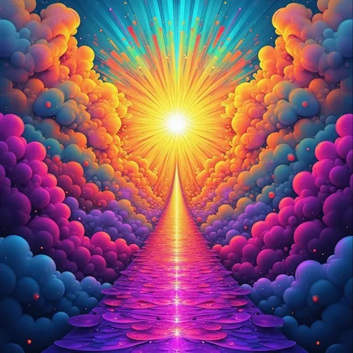 Prompt: (A rainbow to Heaven), ethereal, vibrant spectrum of colors, bright and radiant rays, a pathway glimmering with hope, set against a heavenly backdrop of fluffy white clouds, soft golden sunlight illuminating the scene, serene and uplifting atmosphere, ultra-detailed, high definition, symbolizing journey and aspiration.