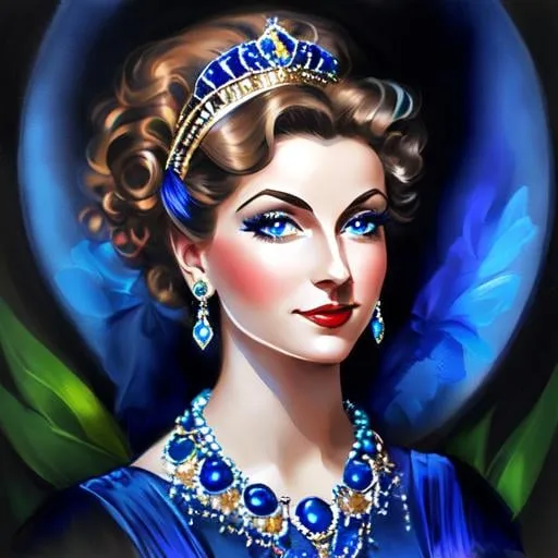 Prompt: Glamorously dressed lady of rhe 1930's wearing sapphire jewelry,blue eyes