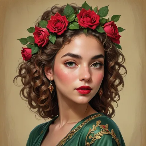 Prompt: Framing a portrait of enchanting beauty, a young woman gazes confidently at the viewer, adorned with a lush crown of vibrant red roses intertwined with rich green leaves. Her voluminous, curly hair cascades gracefully around her shoulders, enhancing her soft features and radiant complexion, highlighted by rosy cheeks and striking red lips. Draped in a deep emerald green garment embellished with intricate gold designs, she exudes an elegant charm, complemented by delicate earrings that catch the light. The warm, neutral background accentuates her presence, creating a captivating focal point that evokes a sense of timeless grace and allure.