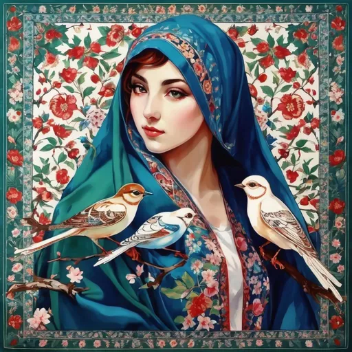 Prompt: A colorful design in the dimensions of 140x140 centimeters, its main theme is white and red, there are pomegranates and cherry blossoms in it, and some green leaves and branches and traditional Iranian designs are used, and there are small birds in it.