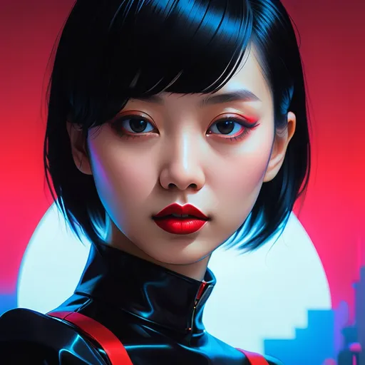 Prompt: a woman with a black hair and red lipstick is wearing a black dress and a red collared shirt, Ayami Kojima, retrofuturism, synthwave style, cyberpunk art