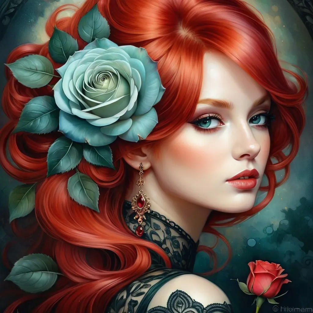 Prompt: <mymodel> a woman with red hair and a rose in her hair is shown in this painting of a woman with red hair and a rose in her hair, Anna Dittmann, gothic art, highly detailed digital painting, a detailed painting