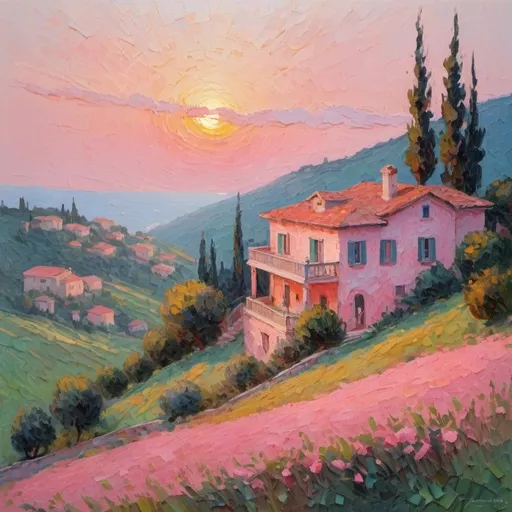 Prompt: Villa on a hillside, sunrise, pinkish   Impasto, Impressionist
  