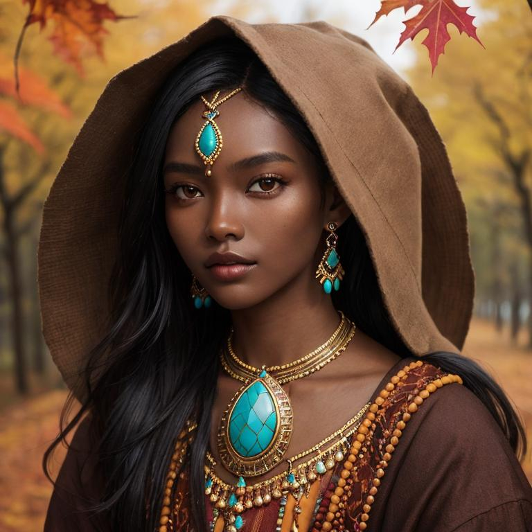 Prompt: <mymodel>Woman with dark skin, warm autumn colors, wearing turquoise jewelry,facial closeup