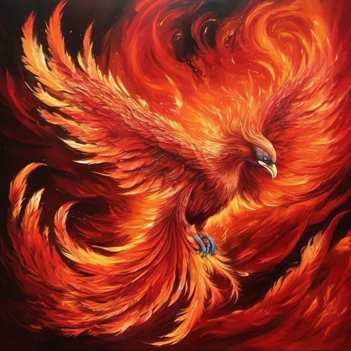 Prompt: Vibrant, high-contrast painting of a fiery phoenix, bold red and orange hues, dynamic and fierce energy, swirling flames and feathers, 4k, ultra-detailed, abstract, intense red, dramatic lighting, passionate