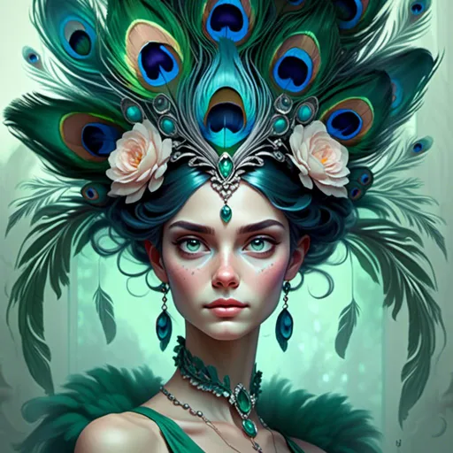 Prompt: a woman with a peacock headpiece and feathers on her head, with a green dress and a necklace, Anna Dittmann, fantasy art, highly detailed digital painting, a digital painting  <mymodel>                                       